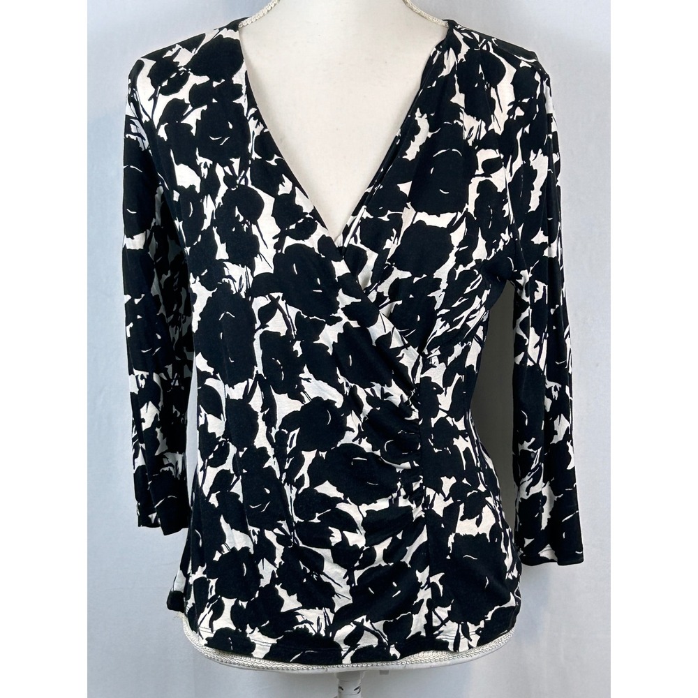 Talbots Top Women PM Black White Excellent Floral Faux Wrap V-Neck